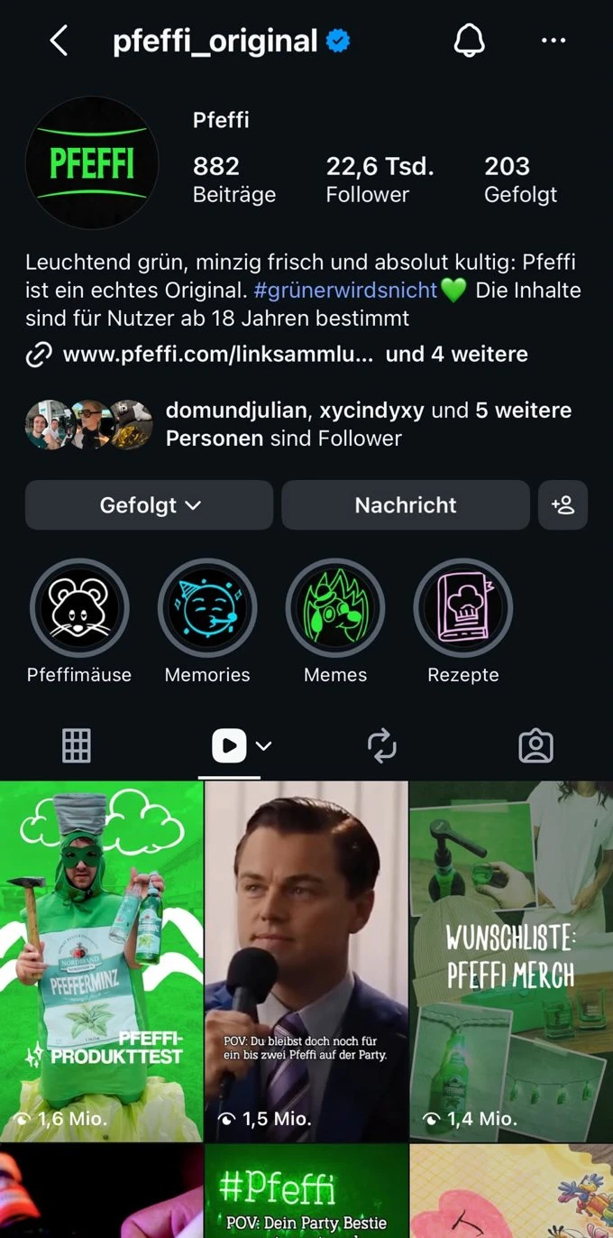 Reels des Pfeffi-Kanals mit Aufrufen im Millionenbereich